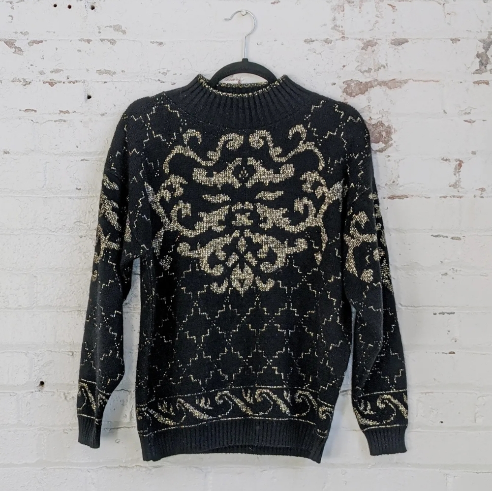 Vintage Sweater | 1980s Arielle | Black & Gold Lurex Mockneck - Picture 3 of 3